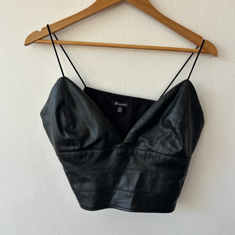 Versona Vegan Leather Corset Bustier Top Womens XL Vneck Crop Top Side Zip